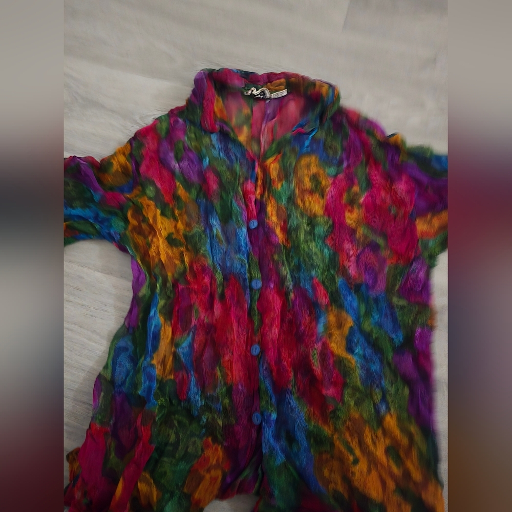 Bila Multicolor Abstract Floral-Print Crinkle Blouse in Pink, Green & Gold